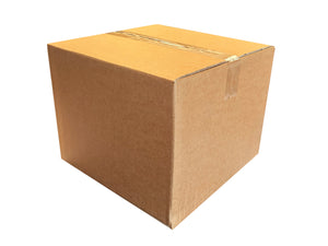 A standard brown corrugated cardboard box sealed with clear tape, shown at a three-quarter angle on a solid white background.
