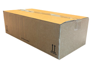 A large brown cardboard shipping box sealed with clear tape, shown at an angle on a plain white background. Black printed handling symbols and text are visible on the sides.