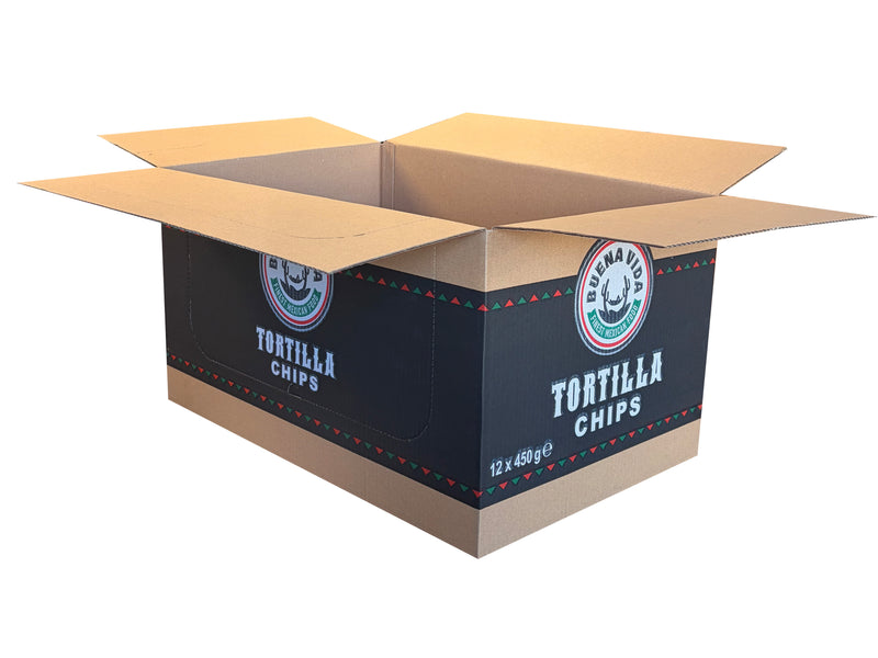 An open cardboard shipping box printed with 'Tortilla Chips' and a circular logo, shown on a plain white background.