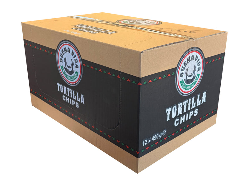 A large cardboard box of Buena Vista Tortilla Chips, featuring a brown cardboard body with a black front panel decorated with the brand logo and product name in white text.
