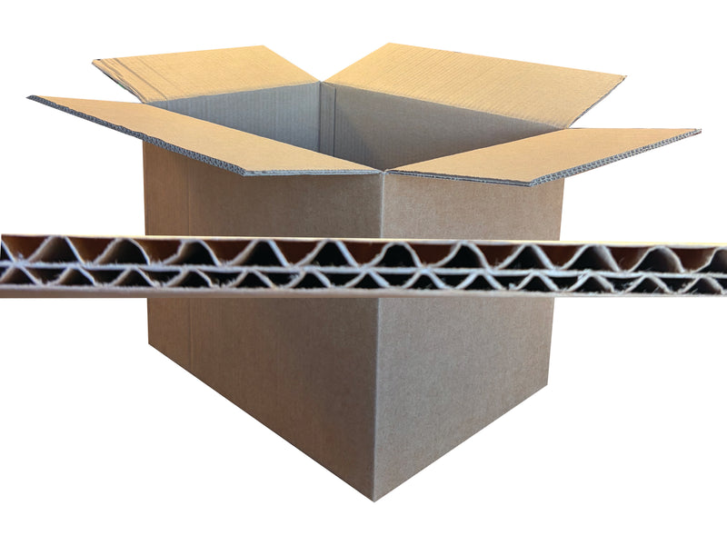 An open brown corrugated cardboard box with flaps raised, shown on a white background with a horizontal cross-section view of the cardboard wall in front.