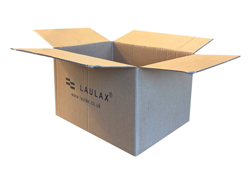 An open brown cardboard shipping box with the LAULAX brand name printed on the side, isolated on a white background.