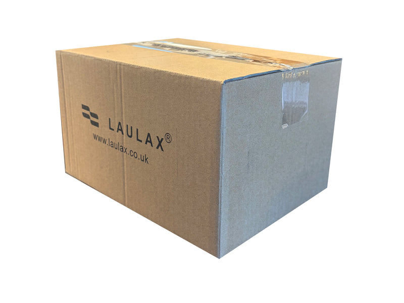A brown cardboard shipping box with the LAULAX logo and website printed on the side, sealed with clear tape, on a white background.