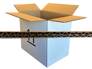 A white corrugated cardboard box with flaps raised, shown on a white background with a close-up horizontal strip of the cardboard wall section in front.