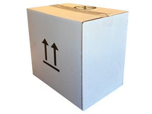 A white cardboard shipping box with black double-arrow handling symbols on the front and a brown tape seal across the top, isolated on a white background.