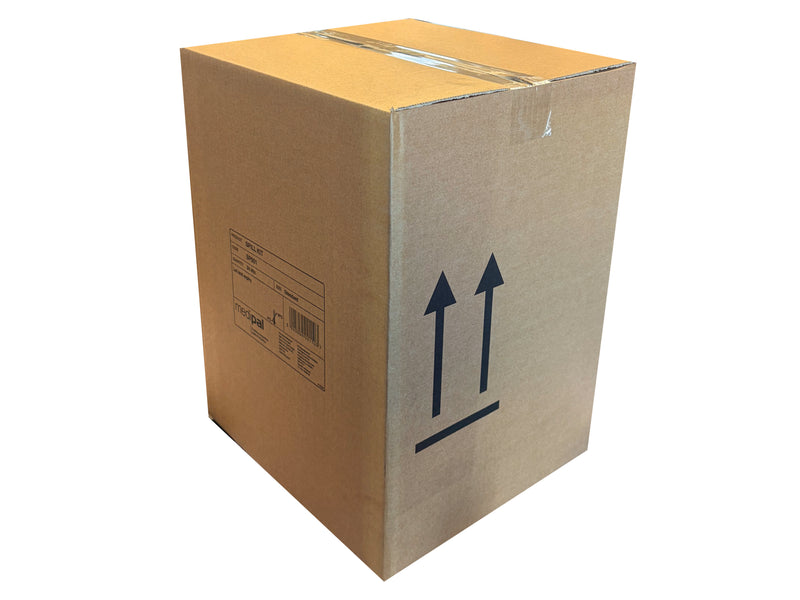 A standard brown cardboard shipping box with a clear plastic seal on top, featuring a black double-arrow 'up' symbol on the front and a shipping label on the side, isolated on a white background.
