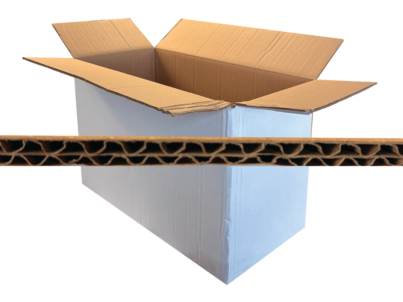 An open white corrugated cardboard box with brown inner panels, shown on a clean white background with a close-up horizontal section of the cardboard wall in front.