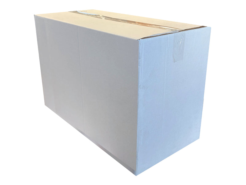 A large, plain white cardboard box, closed with a clear tape seal, shown from a three-quarters perspective on a solid white background.