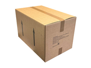 A standard brown corrugated cardboard box sealed with brown tape, featuring black upward-pointing arrows on the side and printed handling instructions on the front, isolated on a white background.