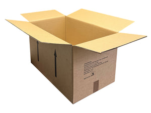 An open brown cardboard shipping box with flaps extended, shown on a plain white background. The box has black printed arrows and handling instructions on the sides.