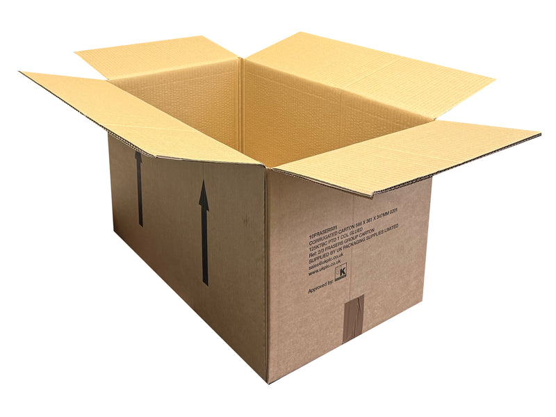An open brown cardboard shipping box with flaps extended, shown on a plain white background. The box has black printed arrows and handling instructions on the sides.