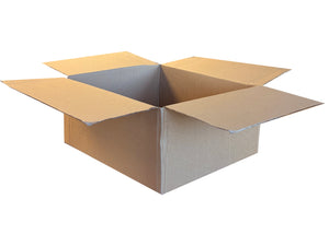 A plain, 443mm x 396mm x 197mm box, with all four top flaps opened
