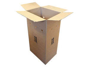 An open brown cardboard shipping box with flaps raised, shown on a plain white background. The box has small circular holes near the sides and black upward arrow symbols printed on the front.