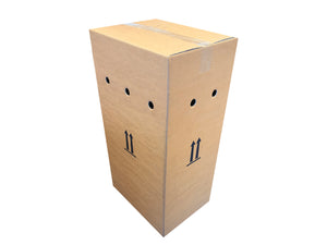 A tall, narrow brown cardboard shipping box with ventilation holes on the sides and black upward arrow symbols printed on the front, shown on a plain white background.