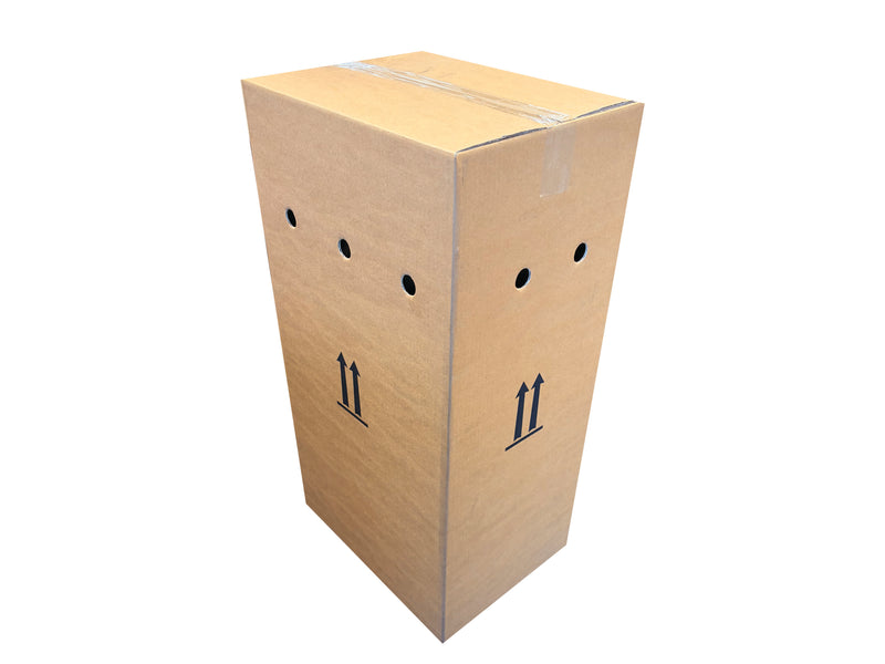 A tall, narrow brown cardboard shipping box with ventilation holes on the sides and black upward arrow symbols printed on the front, shown on a plain white background.