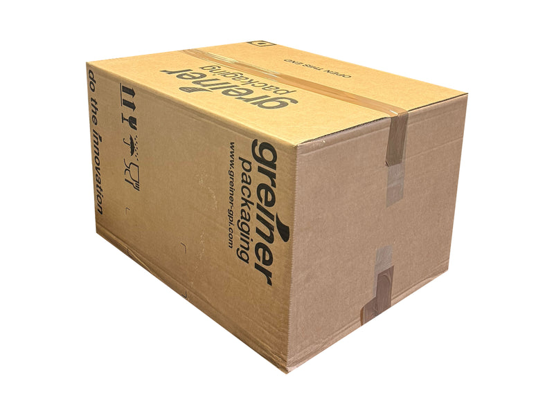 A large brown cardboard box with print on the side, sealed with brown tape, shown on a plain white background.
