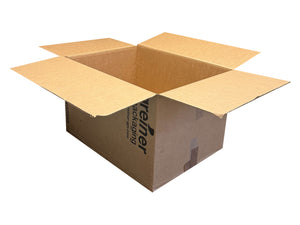 An open brown corrugated cardboard box with flaps extended, photographed on a plain white background. The side of the box shows partial printed branding text.