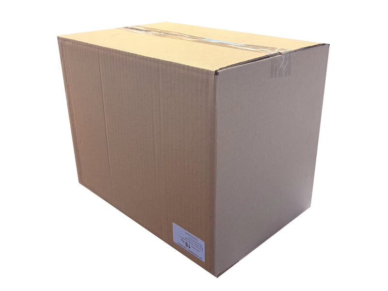 A large brown cardboard shipping box sealed with clear tape, shown at a three-quarter angle on a plain white background.