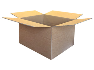 An open brown cardboard shipping box with flaps raised, shown on a plain white background.