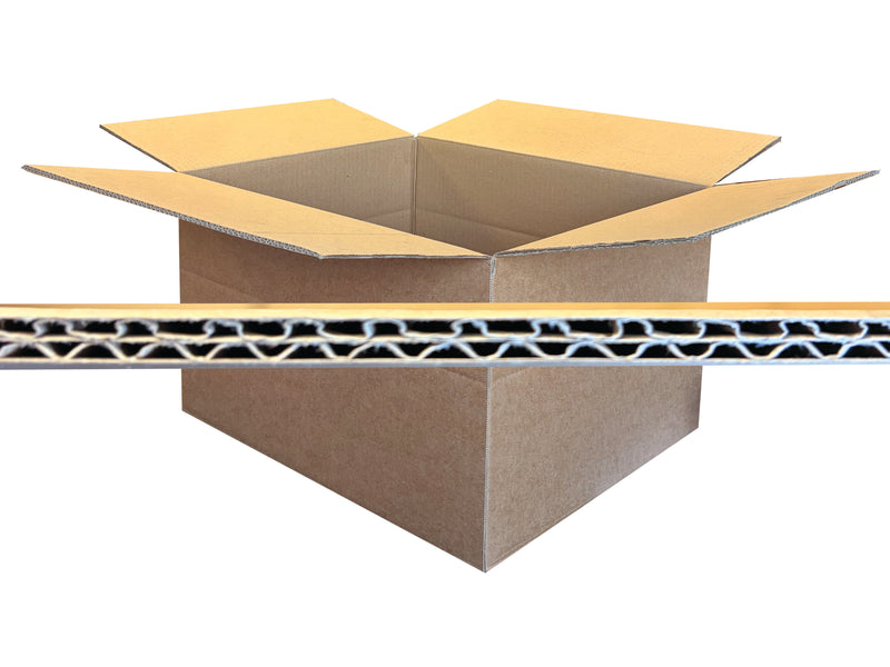 An open brown cardboard box with flaps raised, shown on a white background with a horizontal cutaway view of the corrugated cardboard wall in front.