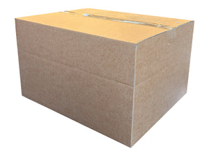 A brown corrugated cardboard box sealed with clear tape, shown on a plain white background.