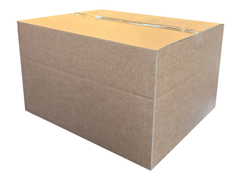 A brown corrugated cardboard box sealed with clear tape, shown on a plain white background.