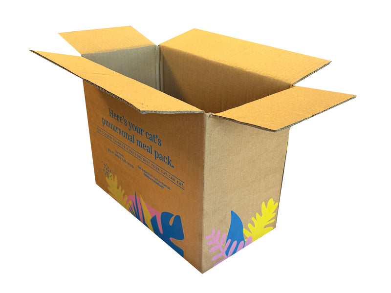 An open brown cardboard shipping box with printed text and colorful fish illustrations on a white background.