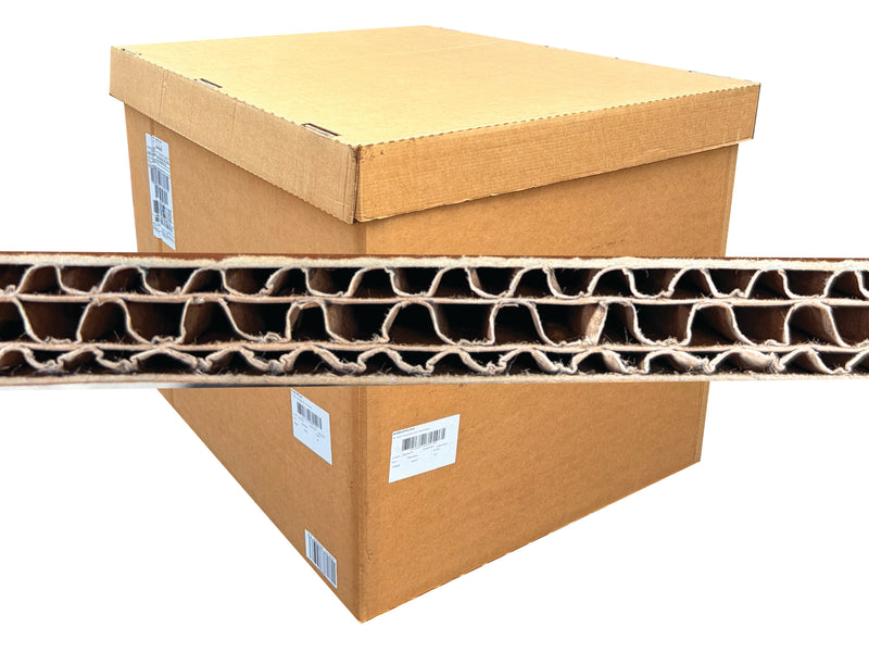 Cardboard box with a cross-section showing the triple wall corrugated layers on a white background