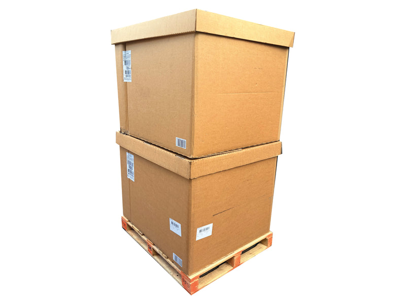 Two stacked pallet boxes on a pallet with a white background