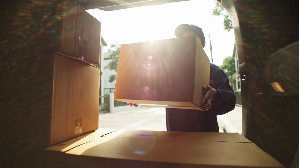 Person unloading used boxes from a vehicle with sunlight filtering through