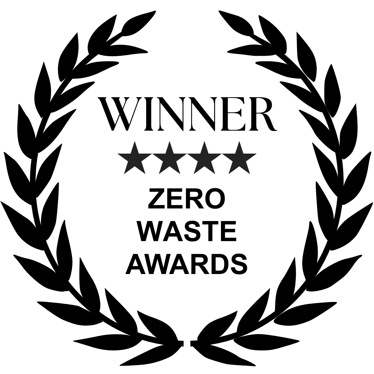 Zero Waste Awards winner badge with laurel wreath and four stars.