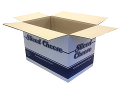 cardboard box with sliced cheese print