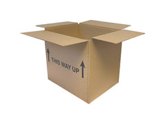 single wall box with 'this way up' print and arrows
