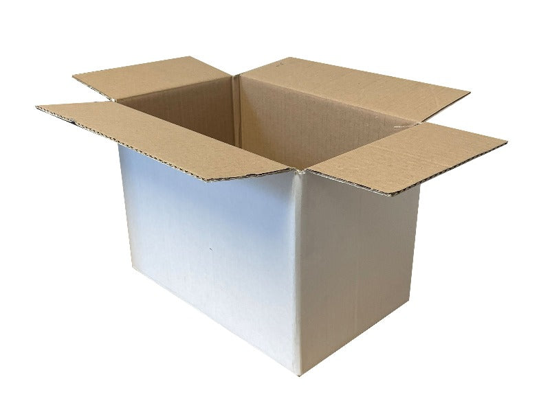 white cardboard box measuring 265mm length
