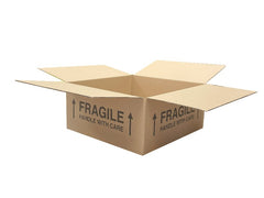 cardboard box with 'fragile handle with care' printed text