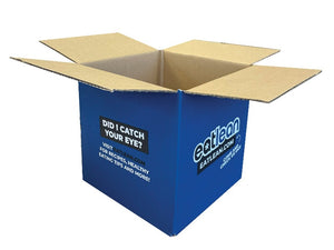 blue cardboard box with logo