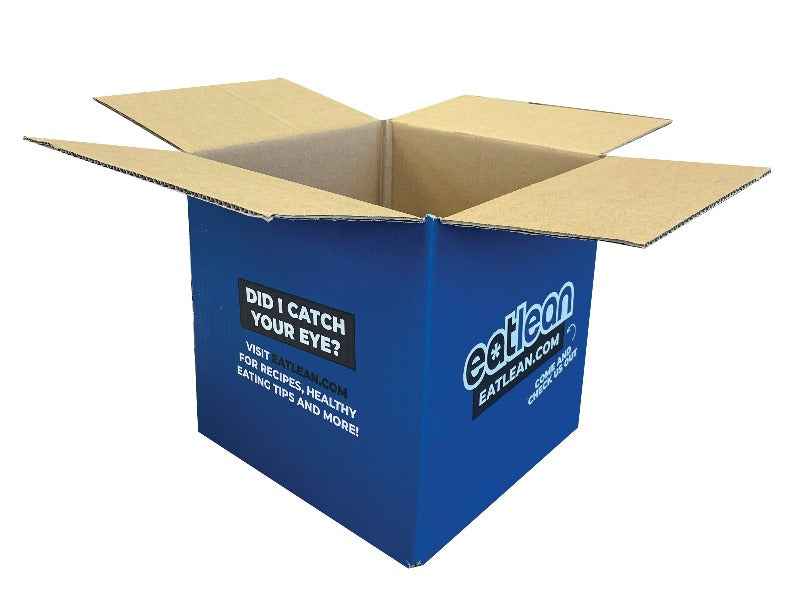 blue cardboard box with logo